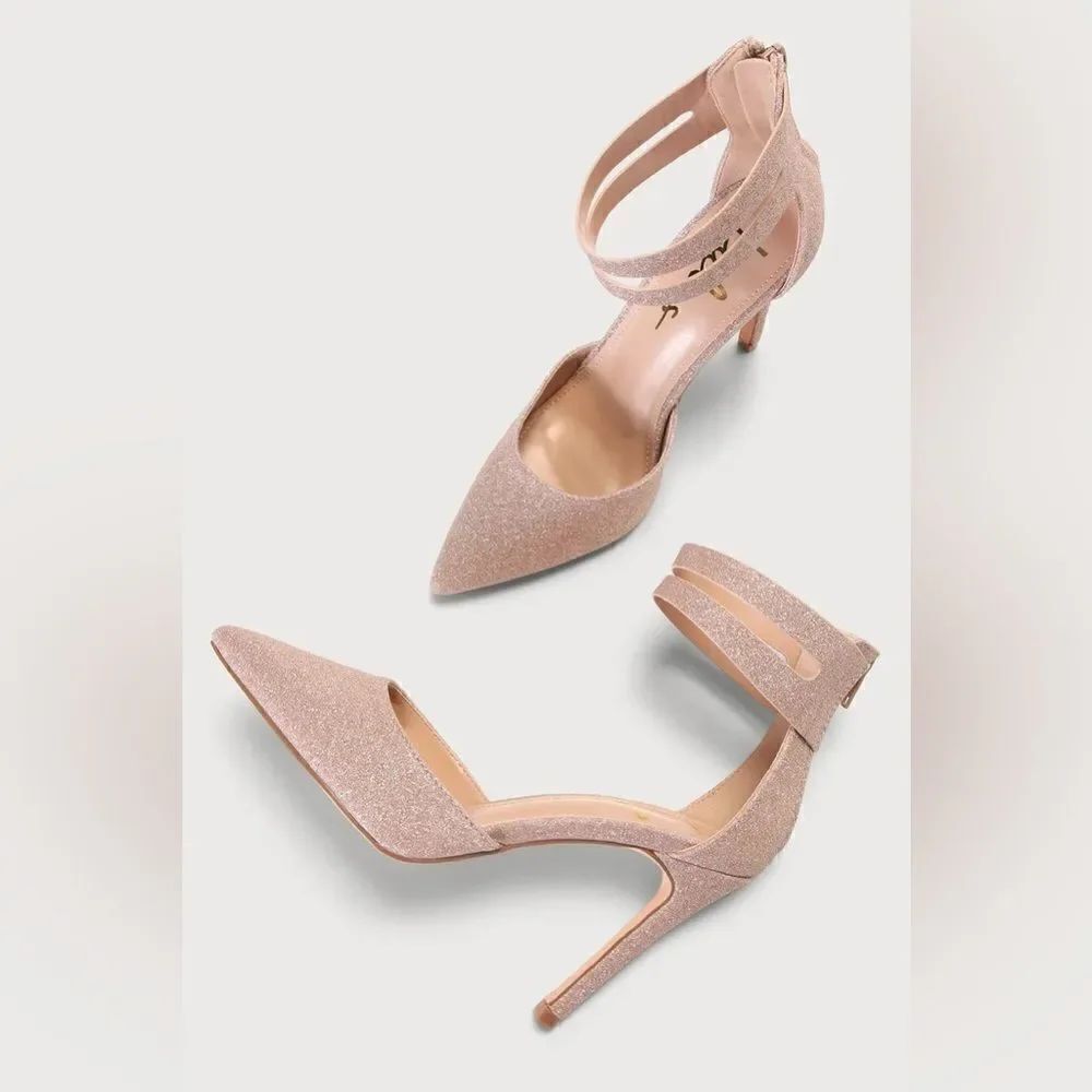 NWT Billyy Rose Gold Glitter Pointed-Toe Ankle Strap Heels, size 8.5. - Picture 2 of 4